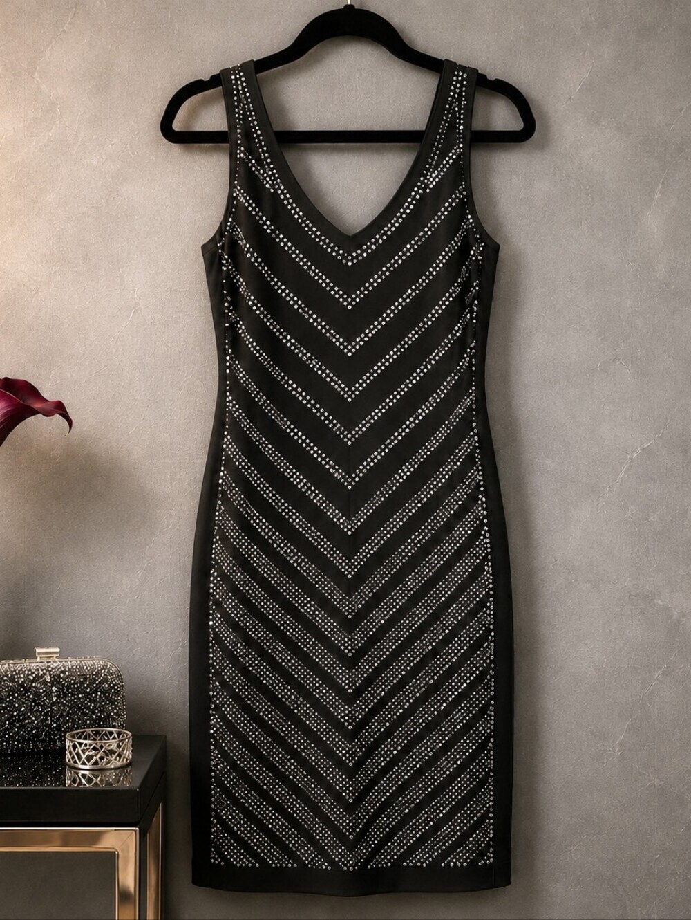 Carmen Marc Valvo Black Midi Dress with Silver Studded Accents